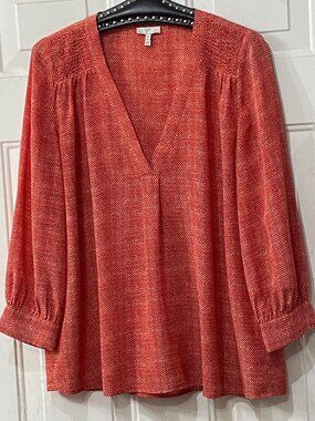 Joie Silk Sz M Blouse Popover V-Neck Long Sleeve Red/White Geometric